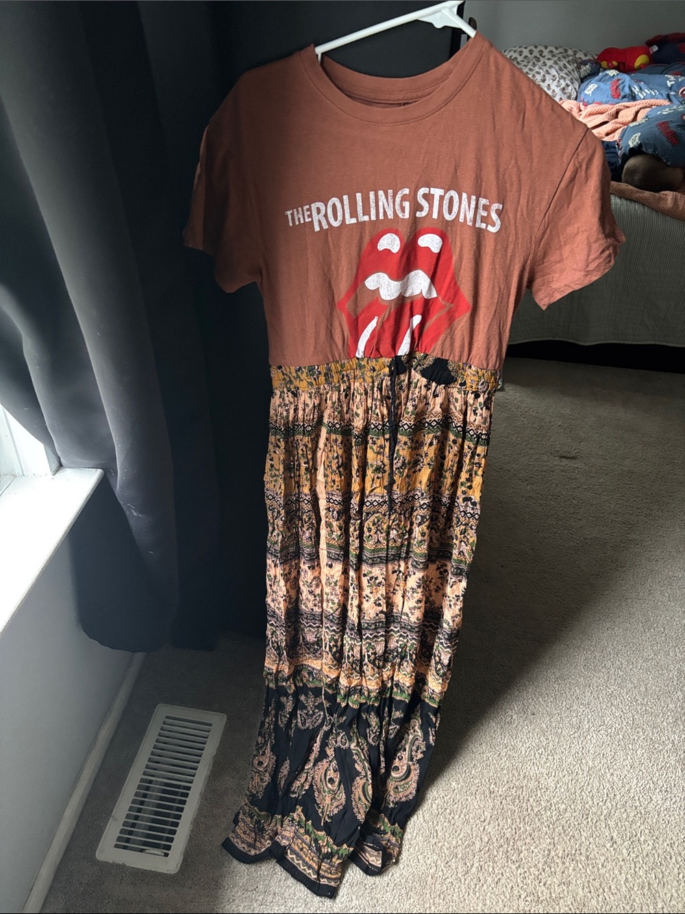 The Rolling Stones Brown Tee and Multi-Pattern Maxi Skirt